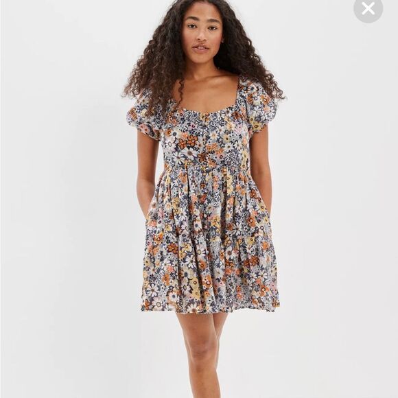 American Eagle Floral Button-Front Puff Sleeve‎ Tie-Back Mini Dress XS - Picture 2 of 13